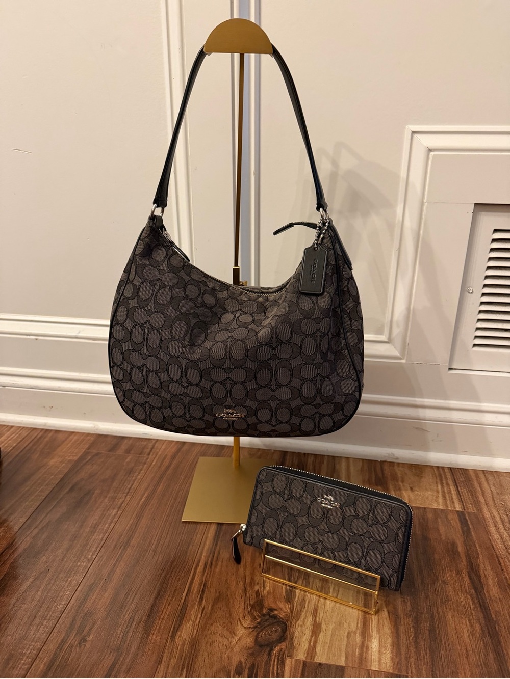 Coach Signature Canvas Shoulder Bag and Wallet in Charcoal/Black